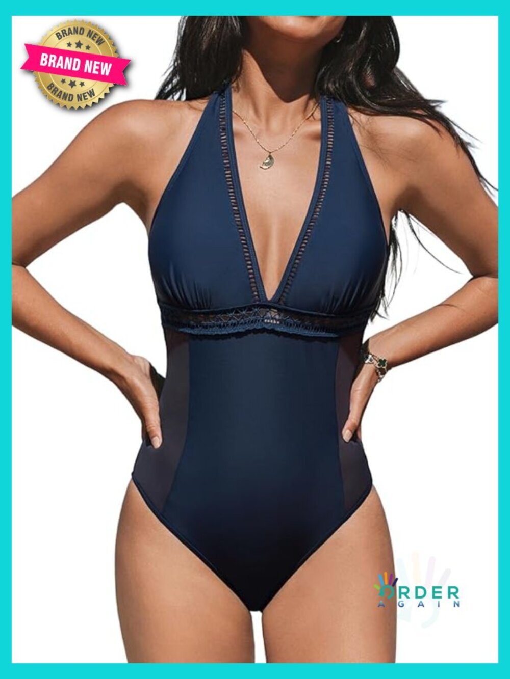 Navy Blue One Piece Swimsuit V Neck Halter Mesh Cutouts Adjustable Straps